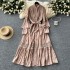 French high-end retro lace patchwork pearl single breasted dress with slim temperament and stand up collar lantern sleeves, large swing dress