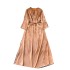 New Chinese style hollow out buckle round neck loose lace up dress with loose ties, showing a slimming temperament, slit jacquard satin long dress