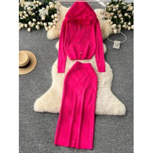 Autumn and winter casual suit for socialite, fashionable hot pressed diamond hooded zipper cardigan, sweater jacket, knitted hip hugging skirt