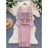 Gentle style set of women's Korean hollowed out striped long sleeved knitted top and camisole dress two-piece set