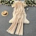 French retro vintage tassel set women's round neck knitted loose fit slimming sweater+high waist slimming wide leg pants