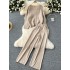 New autumn and winter knitted sweater set for women, V-neck loose fitting pullover top, lazy style, loose and versatile wide leg pants