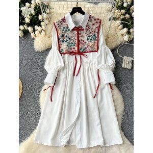 Palace style dress set for women's early autumn new style French retro lantern sleeve shirt skirt+jacquard vest