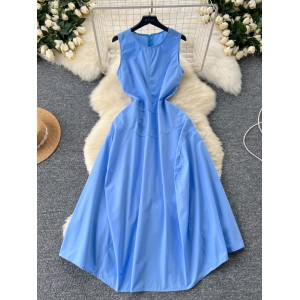 French dress women's summer new design sense niche round neck sleeveless waist cinching slimming A-line large swing long skirt