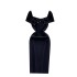 French retro black dress for women, Hepburn style nail bead square neck, twisted bubble sleeves, cinched waist, slimming and elegant dress