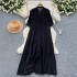 Design sense: ruffle edge splicing, V-neck, single breasted, slimming temperament dress, stylish, age reducing, loose French long skirt