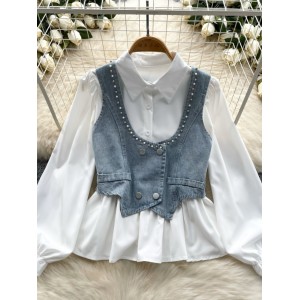 Korean style women's early autumn new French sweet and versatile long sleeved shirt+beaded diamond layered denim vest