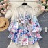 French style dress, high-end vacation dress for socialites, women's design sense, printed breasted slim fit short bubble sleeve dress