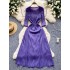 European and American style women's dress with high-end temperament and design sense. Lotus leaf edge splicing, round neck, pressed pleats, and hanging feeling. Long skirt