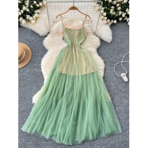 French gentle style atmosphere, mesh fairy dress, summer suspender, waist cinching, slimming, pleating, big swing, fluffy dress