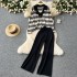 Autumn and winter new lazy style Korean version contrasting suit collar striped knitted sweater top two-piece set high waist wide leg pants