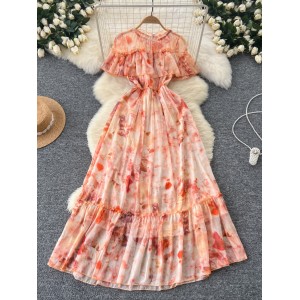 French style tea break retro round neck ruffle edge patchwork dress for women with a cinched waist, slimming effect. Floral chiffon knee length skirt