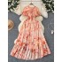 French style tea break retro round neck ruffle edge patchwork dress for women with a cinched waist, slimming effect. Floral chiffon knee length skirt