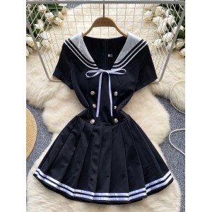 College style retro navy collar bow tie short sleeved double breasted waist cinching slimming pleated dress for women in summer