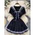 College style retro navy collar bow tie short sleeved double breasted waist cinching slimming pleated dress for women in summer