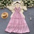 Super fairy first love dress summer new gentle style sexy V-neck hanging neck high waist ruffle hem big swing dress for women