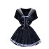 College style retro navy collar bow tie short sleeved double breasted waist cinching slimming pleated dress for women in summer