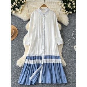 Lazy style simple dress for women with a slim and stylish design. Color blocked loose A-line mid length pleated shirt skirt