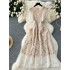 French high-end exquisite dress for women, embroidered flower round neck, bubble sleeves, lace waist cinching, slimming effect, big swing skirt