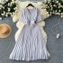 French design style V-neck short sleeved waist cinched pleated dress with pleats, feminine and stylish, age reducing and slimming temperament A-line long skirt