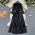 New Chinese style hollow out buckle round neck loose lace up dress with loose ties, showing a slimming temperament, slit jacquard satin long dress