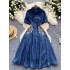 New Chinese style retro Chinese style cheongsam style denim dress with women's bubble sleeves, buckle embroidery design, light luxury long skirt