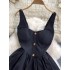 French retro Hepburn style small black dress for women, summer court style waist cinching slimming A-line fluffy suspender flower bud dress