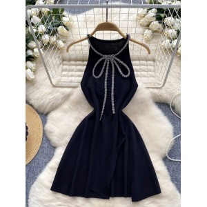 Mingyuan Xiaoxiangfeng summer dress, female heavy worker with diamond studded bow collar, cinched waist, slimming effect, split knit vest skirt