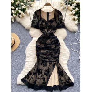 Evening gown for women, high-end banquet party dress, cinched waist for slimming effect, plush printed pleated slit fish tail long skirt