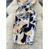 Goddess Fan Yujie dress, female summer socialite, sexy square neckline, waist cinching, slimming mid length printed suspender dress