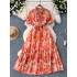 French retro mushroom border polo collar with bubble sleeves, cinched waist to show slimming temperament, floral chiffon pleated dress for summer wear