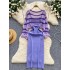 Gentle style set of women's Korean hollowed out striped long sleeved knitted top and camisole dress two-piece set