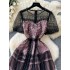 Sweet heavy industry nail bead studded diamond round neck bubble sleeve waist cinching slimming temperament sequin sparkling fluffy mesh dress