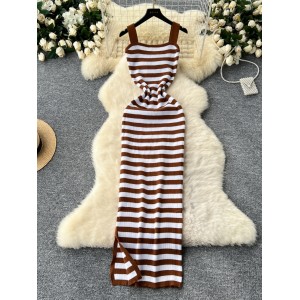 Korean style fashionable versatile camisole bottom skirt with a split design, slim fit, and striped contrasting knit dress