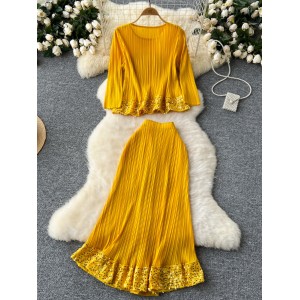 European and American high-end western-style round neck seven quarter sleeve sequin embroidered pleated top+high waist hanging half skirt set