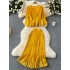 European and American high-end western-style round neck seven quarter sleeve sequin embroidered pleated top+high waist hanging half skirt set