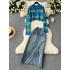 Korean style college style set, women's sweet and cool versatile short zipper lapel knit top+split denim skirt