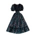 French retro printed dress with women's high-end lace V-neck and bubble sleeves, cinched waist for slimming and elegant long skirt