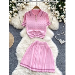 Summer new versatile knitted sweater two-piece set for women, retro contrasting color short sleeved top+high waisted pleated skirt