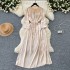 New Chinese style hollow out buckle round neck loose lace up dress with loose ties, showing a slimming temperament, slit jacquard satin long dress