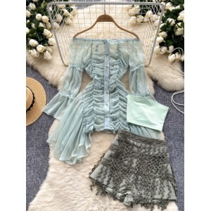 Sweet and spicy girl set, women's one shoulder pleated chiffon long sleeved shirt+strapless vest+waist cinching versatile tassel shorts