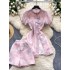 New Chinese style dress for women with a high-end feel, featuring a stand up collar, bubble sleeves, a button up slit skirt, and high waisted, slim, wide leg short pants