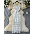 Summer outfit new women's French high-end round neck suspender waist cinching slimming temperament mid length lace dress