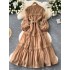 Palace style dress for women 2024 new style French heavy industry lace patchwork stand up collar single breasted waist cinching dress