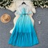 French high-end bow tie tied short sleeved waist cinched pleated dress for women to look slim and have a gradient color chiffon skirt