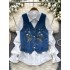 Korean style women's versatile age reducing lantern long sleeved single breasted shirt+embroidered denim vest vest vest vest vest top