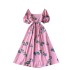 French retro square neck bubble sleeve printed dress for women in 2024 summer, high waist, slimming temperament, super fairy first love dress