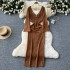 European and American sexy hollow out buckle deep V-neck flared long sleeved slim fit and slimming mid length knitted dress, hooded skirt