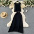 Korean style women's summer two-piece set, versatile sleeveless knitted vest top, high waist slimming, big swing skirt for women