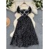 French Hepburn style dress with women's summer design sense, lace patchwork square neck, bubble sleeves, ruffle edge floral long skirt